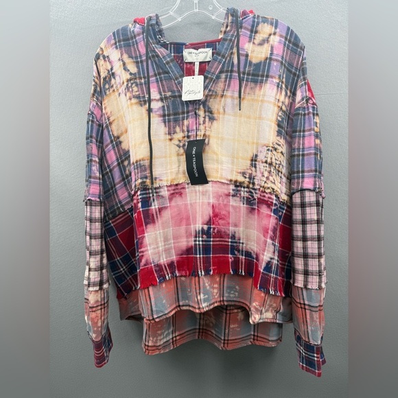 Free People X One teaspoon Split Flannel Hooded Top Size m Grunge Distress NWT - Picture 2 of 13